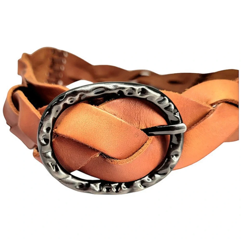 Vintage Bohemian Brown Braided Leather Black Metal Buckle Belt